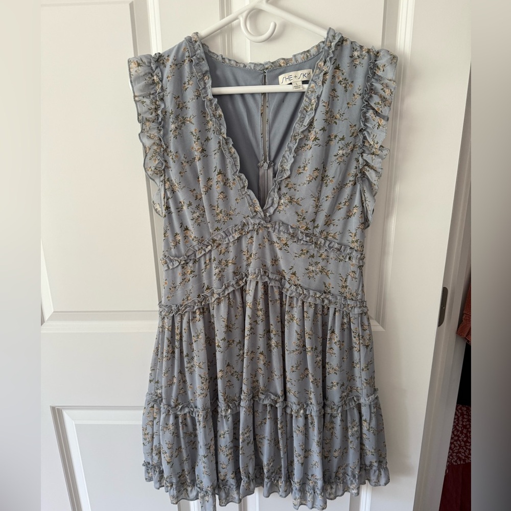 She + Sky Ruffled Floral Mini Dress in Light Blue